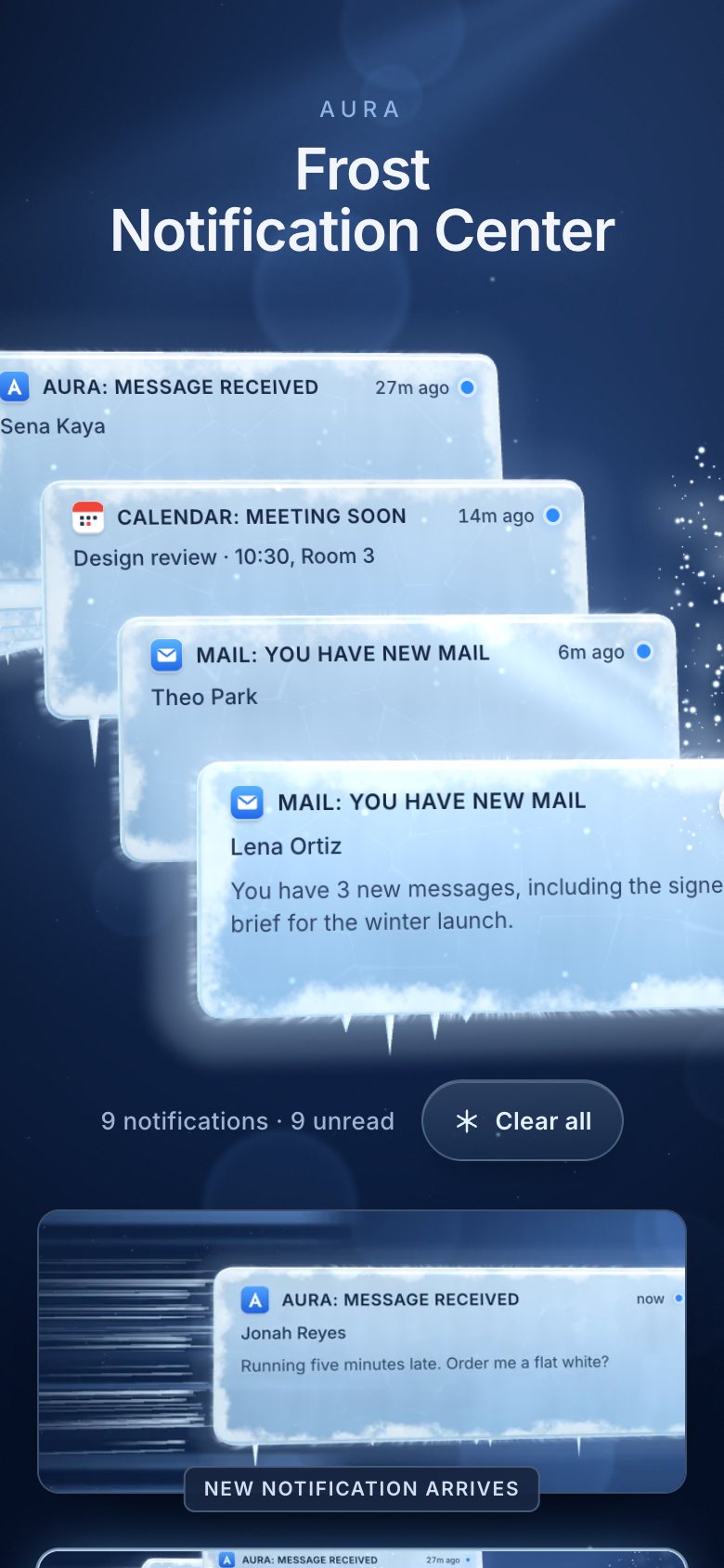 The notification center on a phone: Frost Notification Center on two lines, the ice stack fanned out by a tap, the count and Clear all under it.