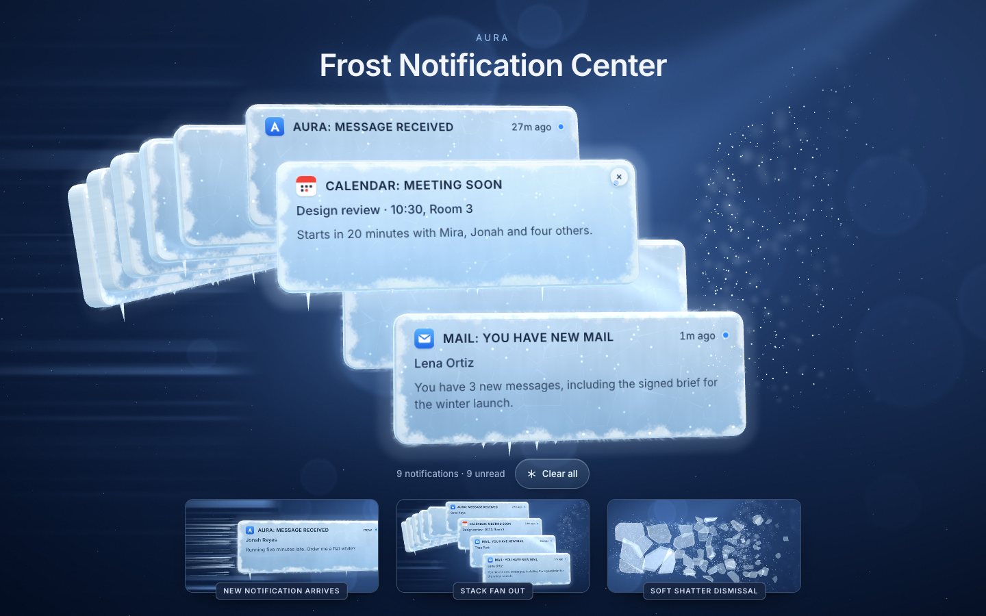 The finished notification center: the ice stack fanned out under the pointer with the Calendar card lifted, the count and Clear all below, and the three state tiles.