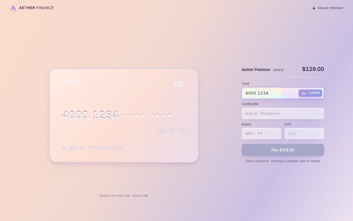 The flat frosted card with 4000 1234 typed and dots for the rest, and the Lumen chip in the card number field.