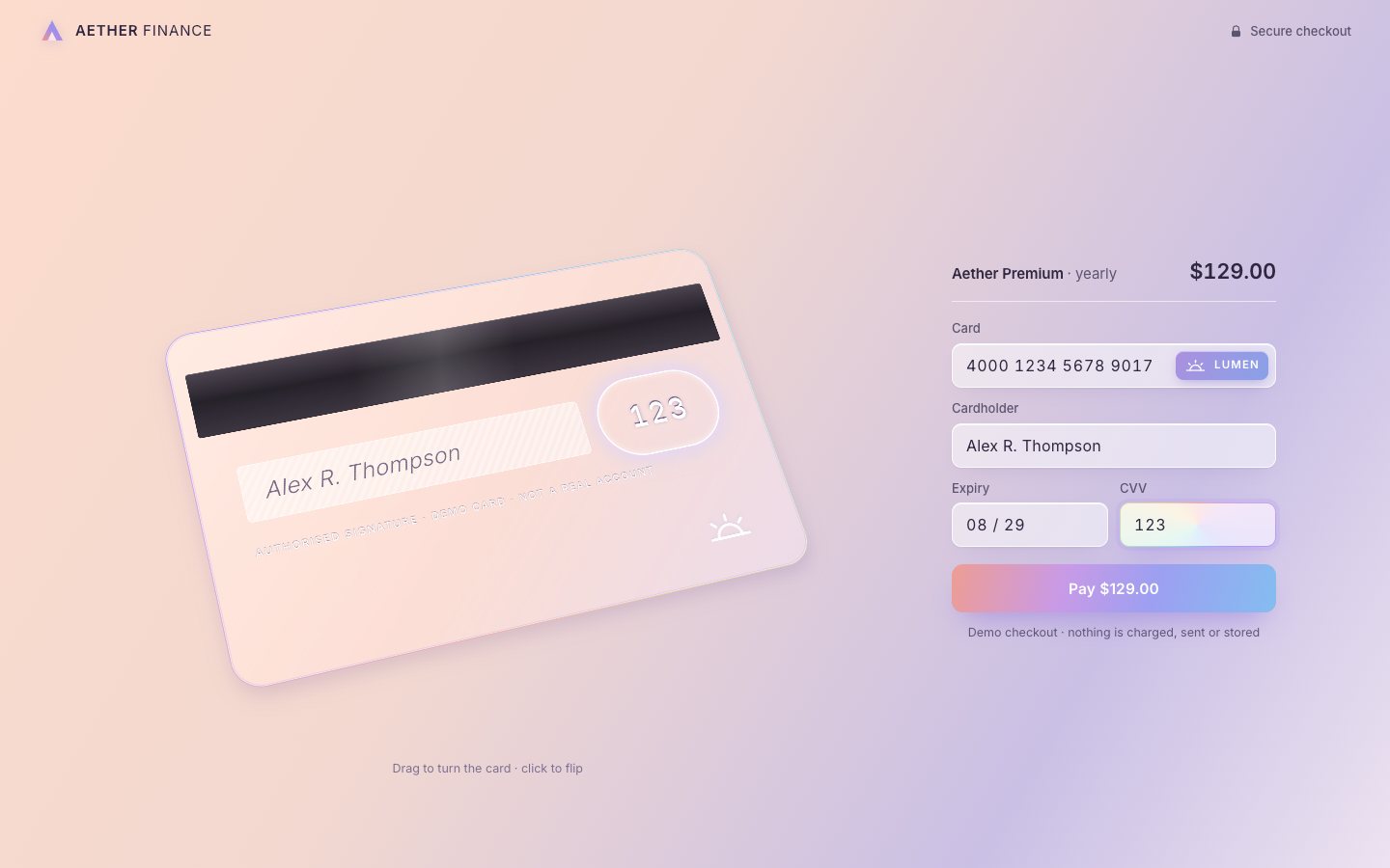 Every field filled and the CVV focused: the frosted card turned over to its back, the dark stripe, the signature Alex R. Thompson and 123 in the glowing ring.