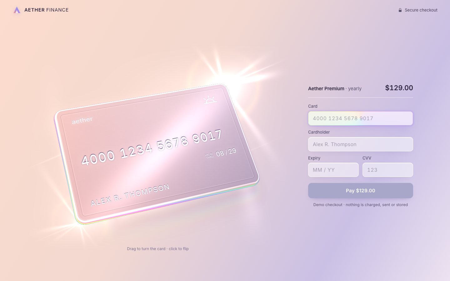 The clear glass card in WebGL: rainbow edges, a soft light beam across its face, two white star flares at its corners and a soft shadow, beside the checkout form.