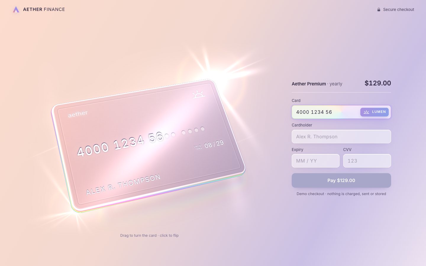 Typing the card number on the finished page: 4000 1234 56 engraved in the glass card, the rest still dots, a glint on the newest digit.