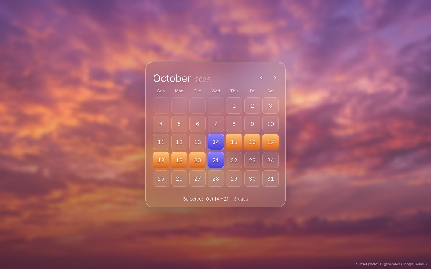 One month of frosted glass over a violet and orange sunset: October 2026, Sun to Sat, the 14th and 21st violet, the days between amber, Selected: Oct 14 – 21 · 8 days below.