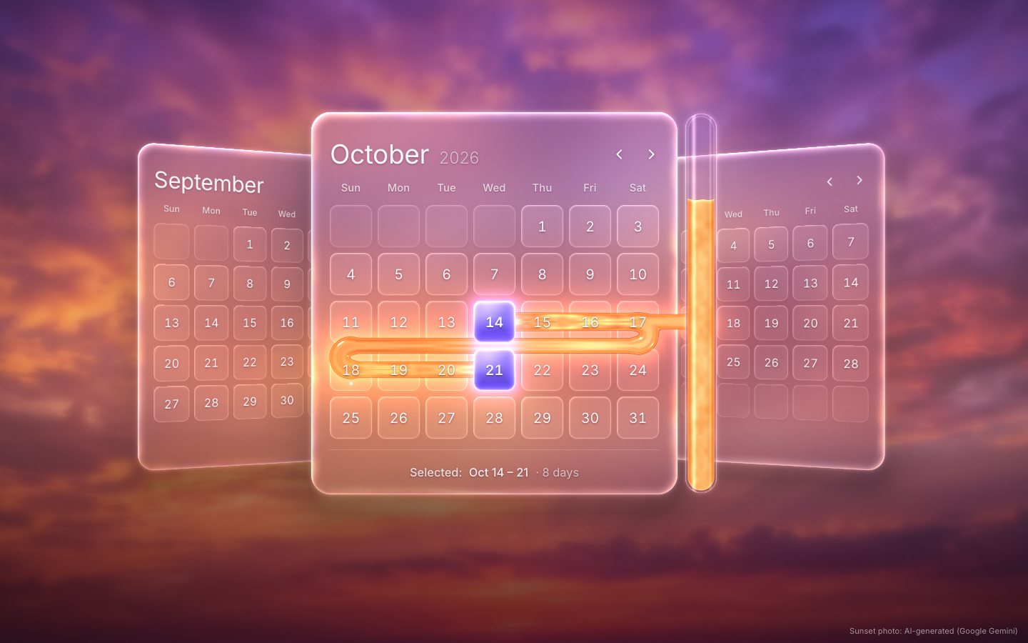 Three glass months in an arc over the sunset, September, October and November, with October in front. An amber ribbon runs through the 14th to the 21st between violet end tiles, fed from a full glass tube on the right.