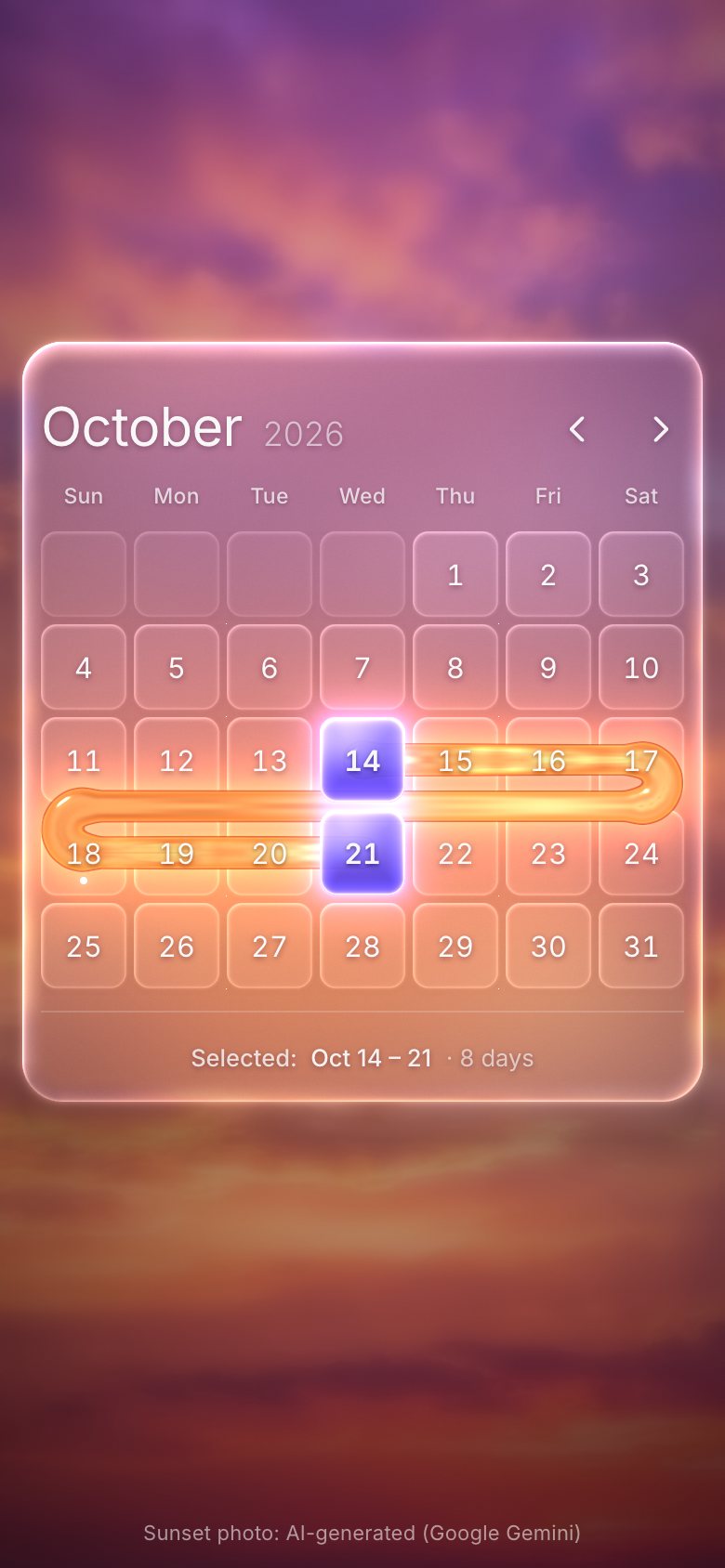 The picker on a phone: one full-width glass month, October 2026, the amber ribbon winding from the violet 14th to the violet 21st, the readout below.