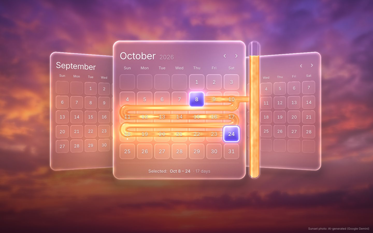 The finished picker after choosing Oct 8 – 24: the amber ribbon runs along three weeks, turning in a U between the rows, from a violet 8th to a violet 24th, beside the glass tube.