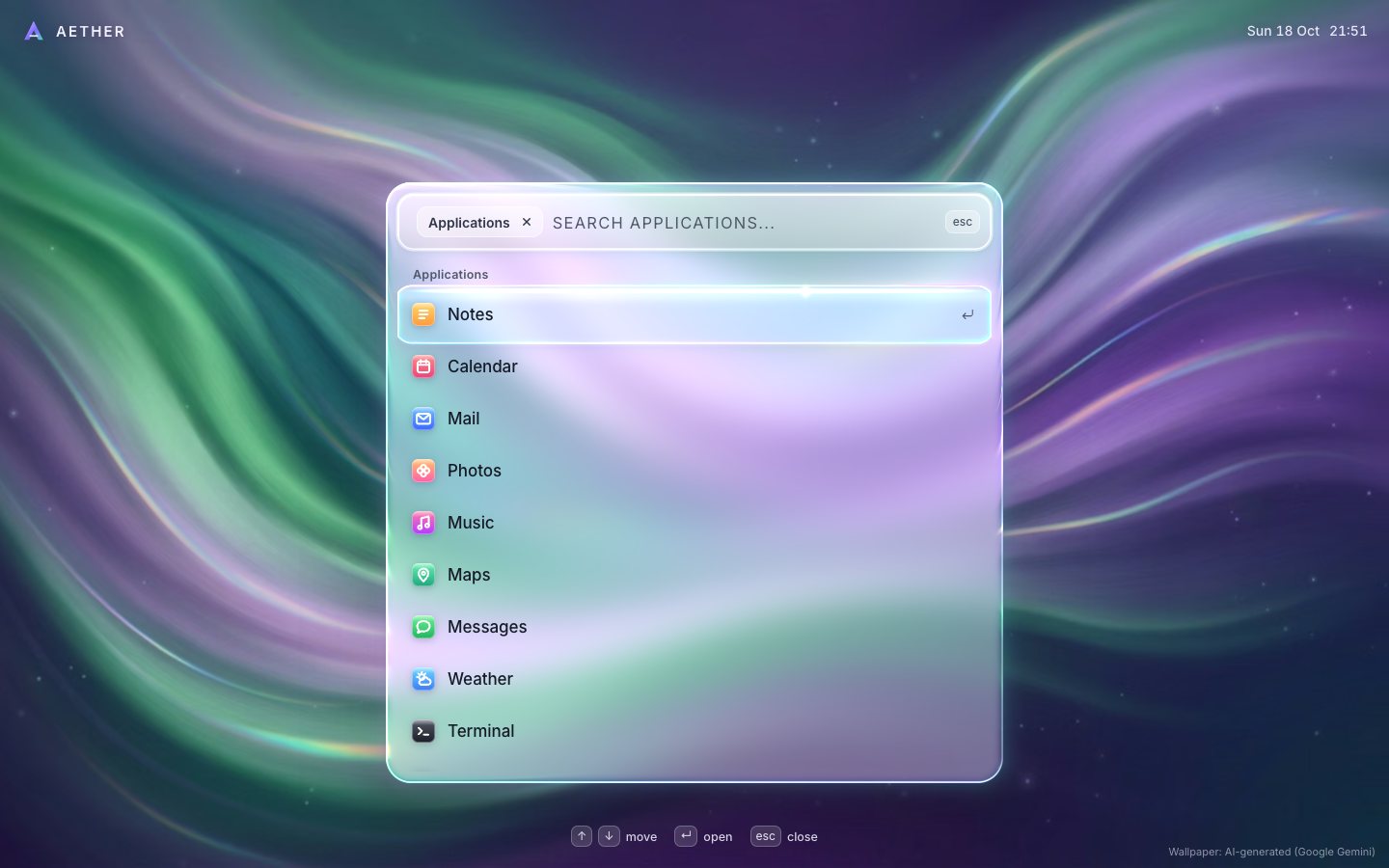 The Applications scope: a chip in the field and eleven apps with glossy tiles, the capsule on Notes.