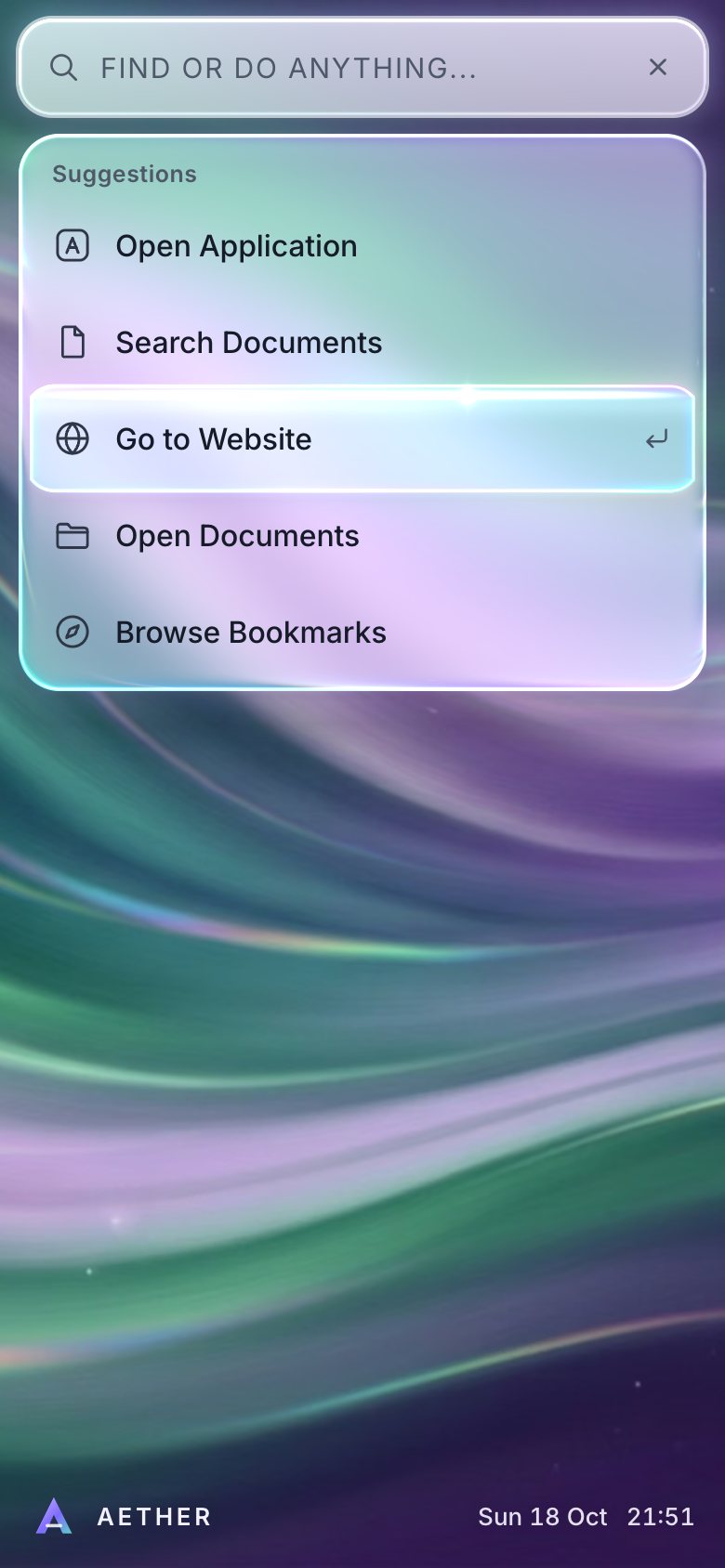 The palette on a phone: a full-width top sheet, the frosted field and a separate glass card of suggestions with the capsule on Go to Website.