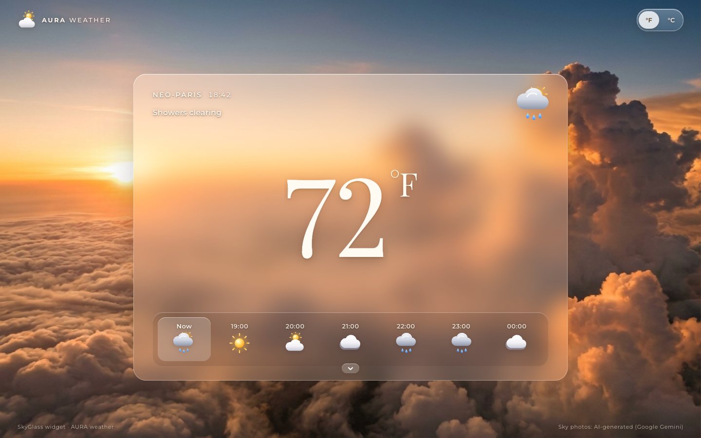 The AURA weather widget in CSS frosted glass over a golden-hour sky photo: NEO-PARIS 18:42, Showers clearing, 72°F, and seven hours in a strip with Now chosen.