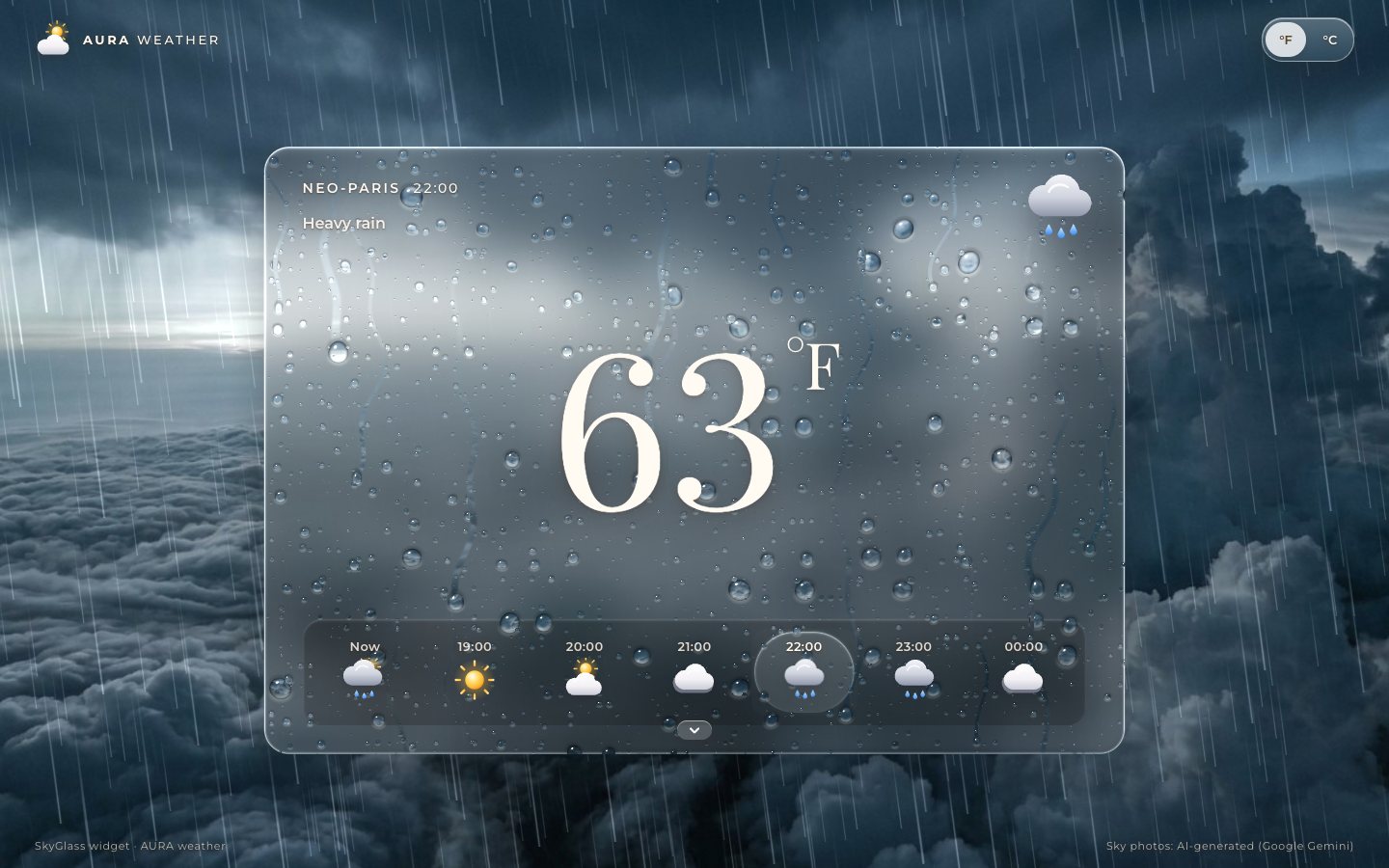22:00, heavy rain: a storm sky, rain streaks, and the pane covered with beads and running drops that refract the sky.