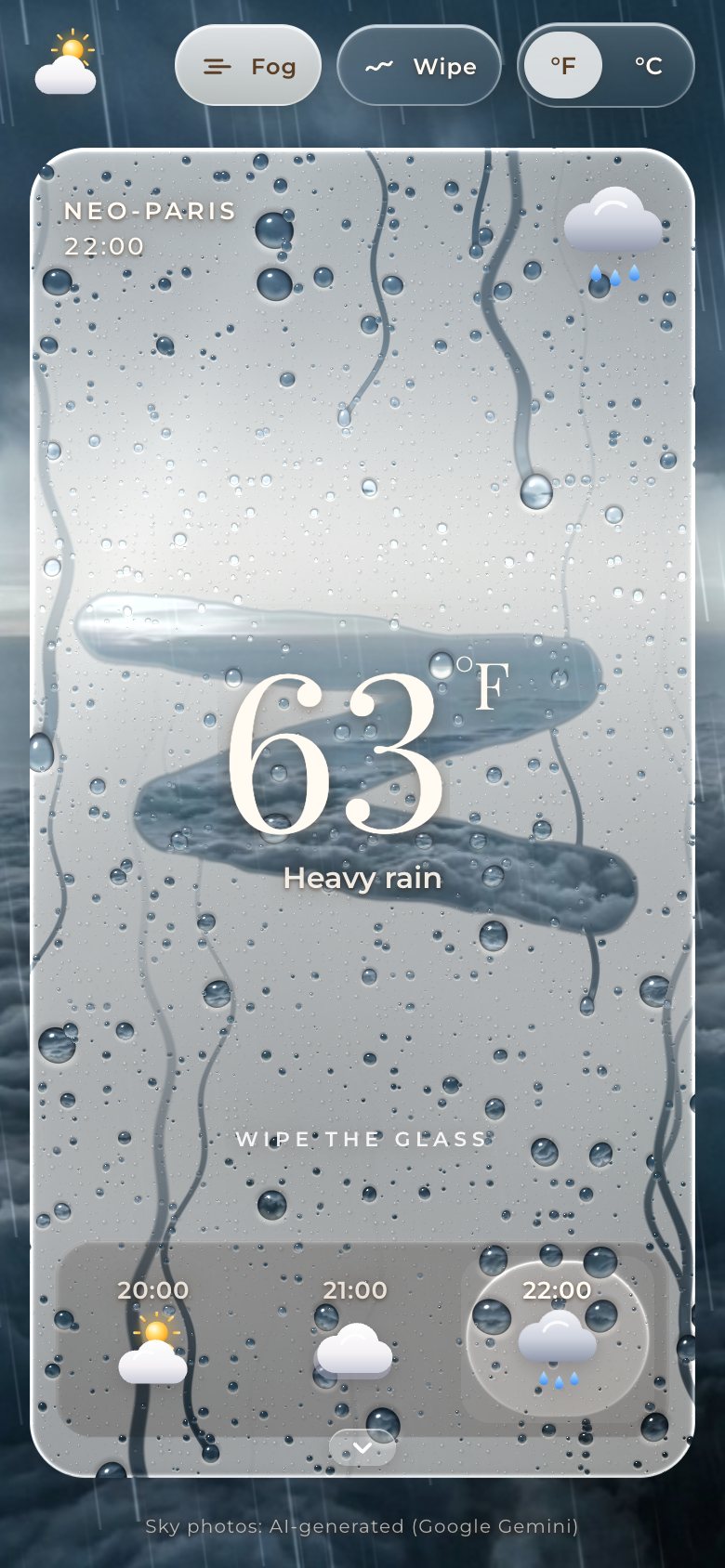 The widget on a phone: a tall glass card at 22:00, Heavy rain, 63°F, fogged over a storm sky with an S wiped clear by a finger and drops running down it.