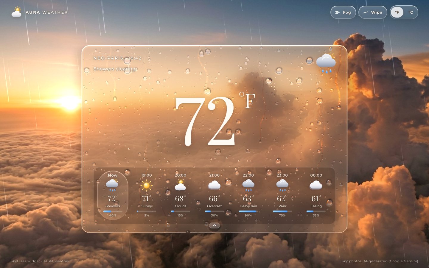 The finished widget: Now, Showers clearing, 72°F on wet glass, with the hourly details open: temperatures, conditions and rain chances for every hour.