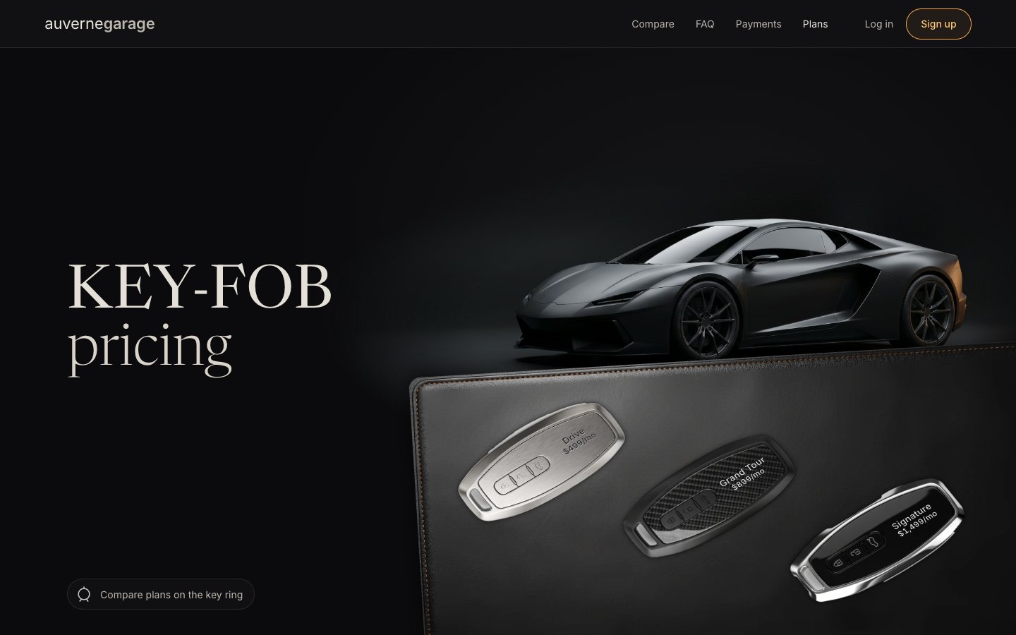 The auvernegarage hero with no JavaScript: KEY-FOB pricing on the left, a black supercar with its lamps off above a stitched leather pad, and three car keys lying diagonally on it, Drive $499/mo in steel, Grand Tour $899/mo in carbon and Signature $1,499/mo in chrome.