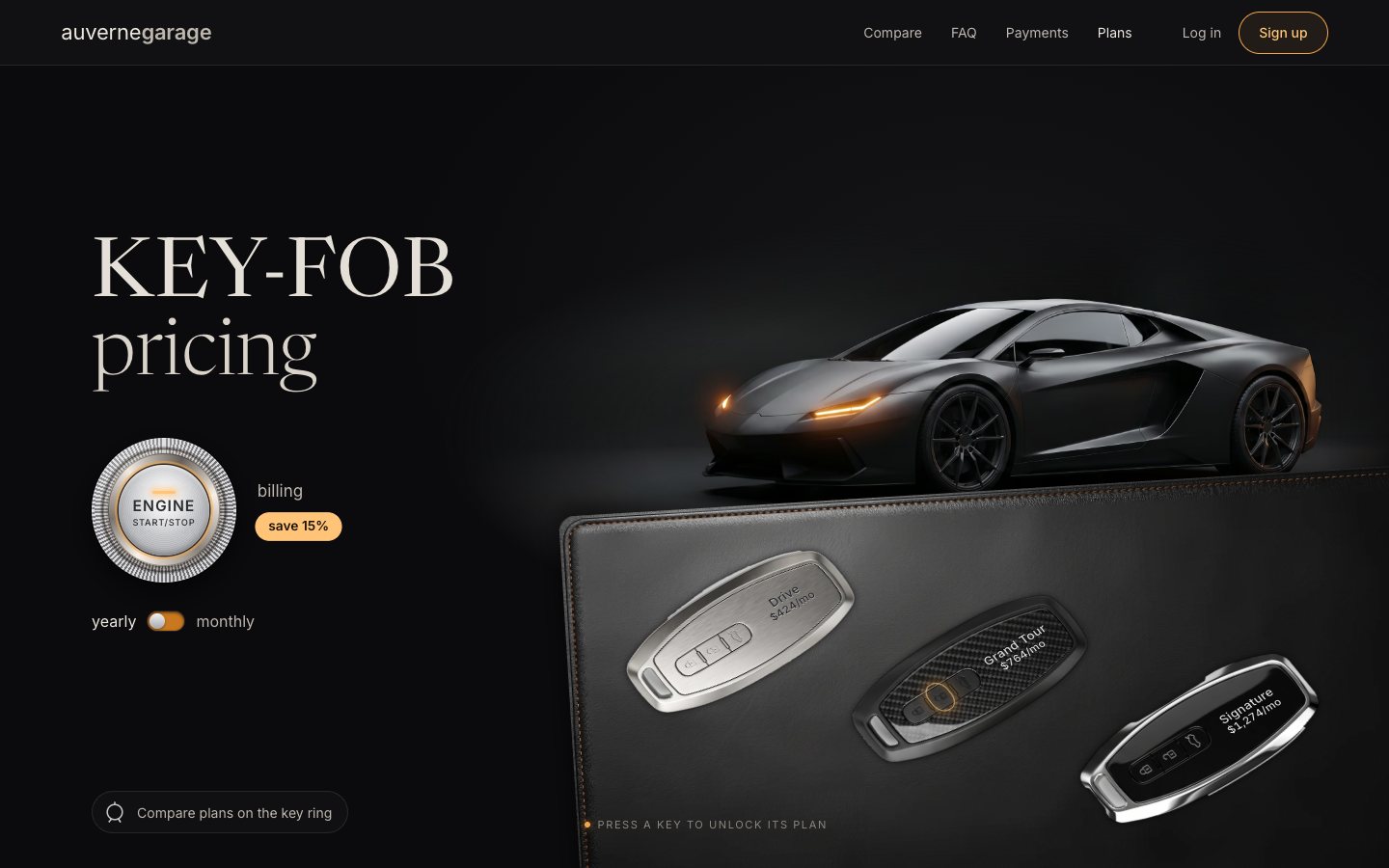 The ENGINE START/STOP button pressed with its amber ring lit, save 15% highlighted, the switch on yearly and the keys engraved $424, $764 and $1,274 a month.