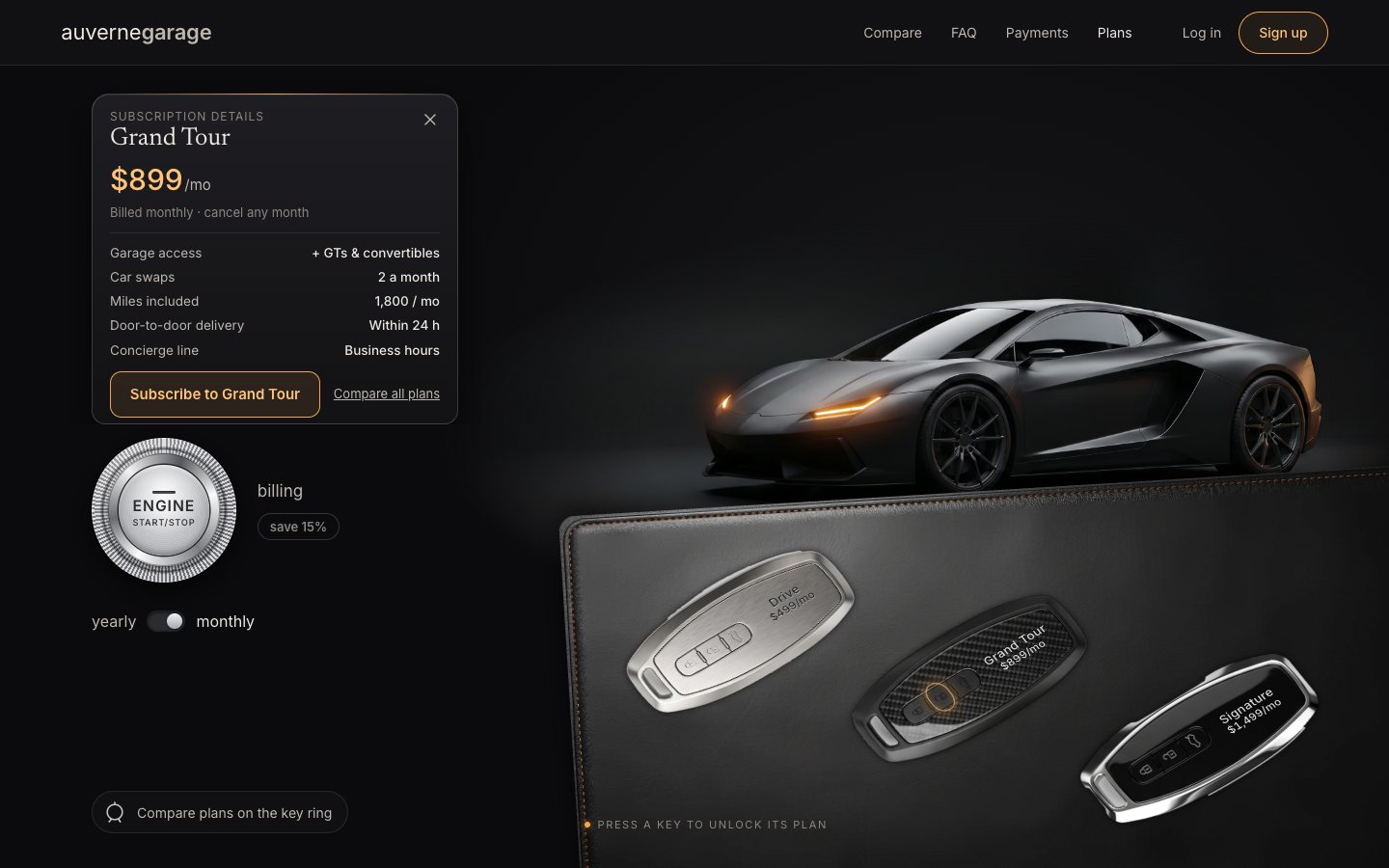 The Grand Tour card risen in the intro column: Subscription details, $899/mo, billed monthly, five features and Subscribe to Grand Tour, with the car and all three keys still in view.