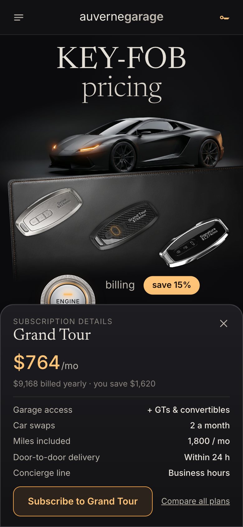 The section on a phone: the car, the three keys on the leather, yearly billing on, and the Grand Tour plan as a bottom sheet at $764 a month.