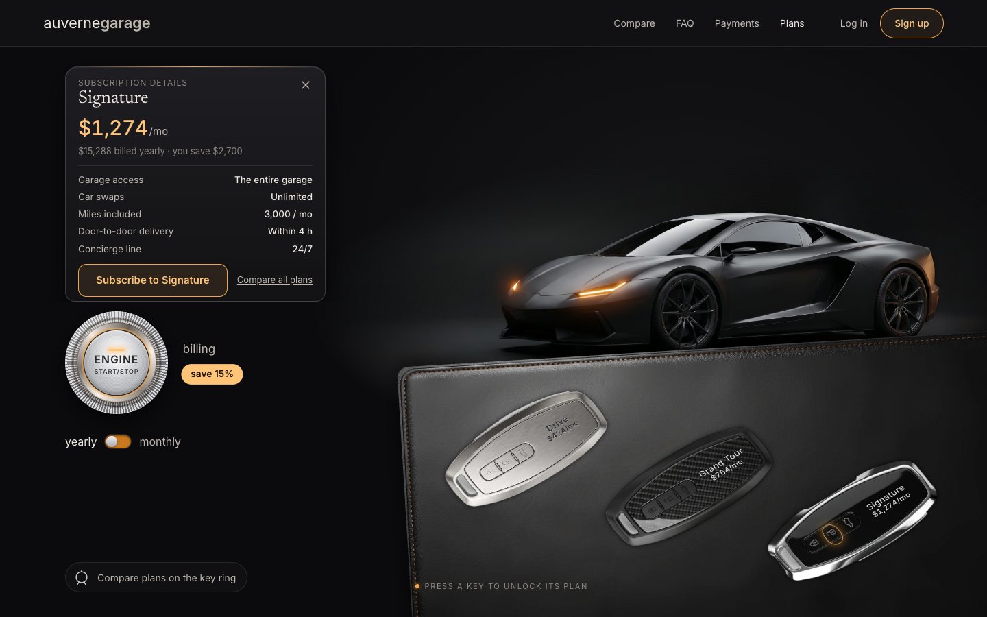 The finished section: yearly billing on, the Signature card in the intro column at $1,274/mo, the car with its headlights on and the three keys on the leather.