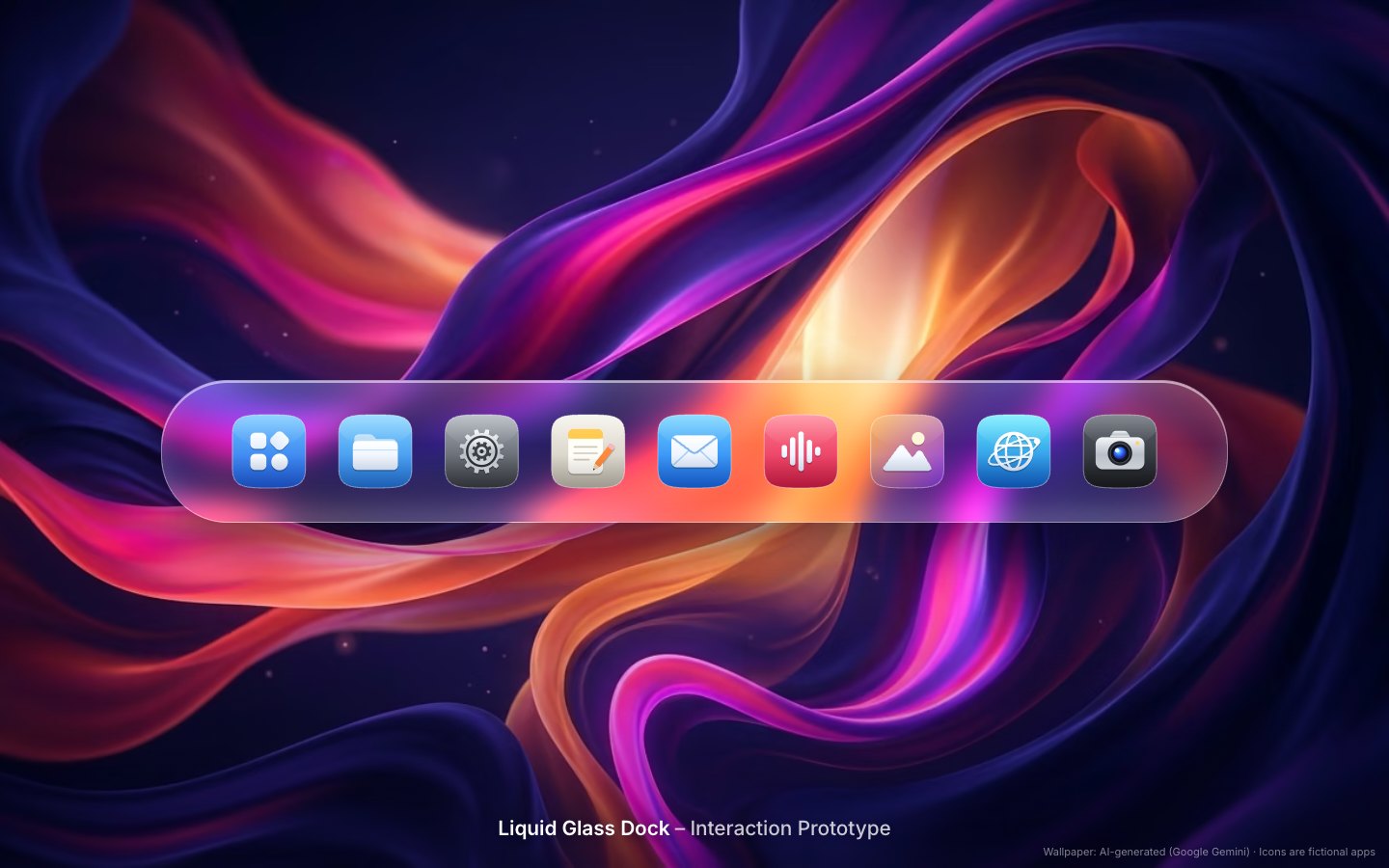 Nine glossy app icons in a row on a frosted translucent bar across a dark violet and magenta liquid-silk wallpaper, with the caption Liquid Glass Dock, Interaction Prototype below.