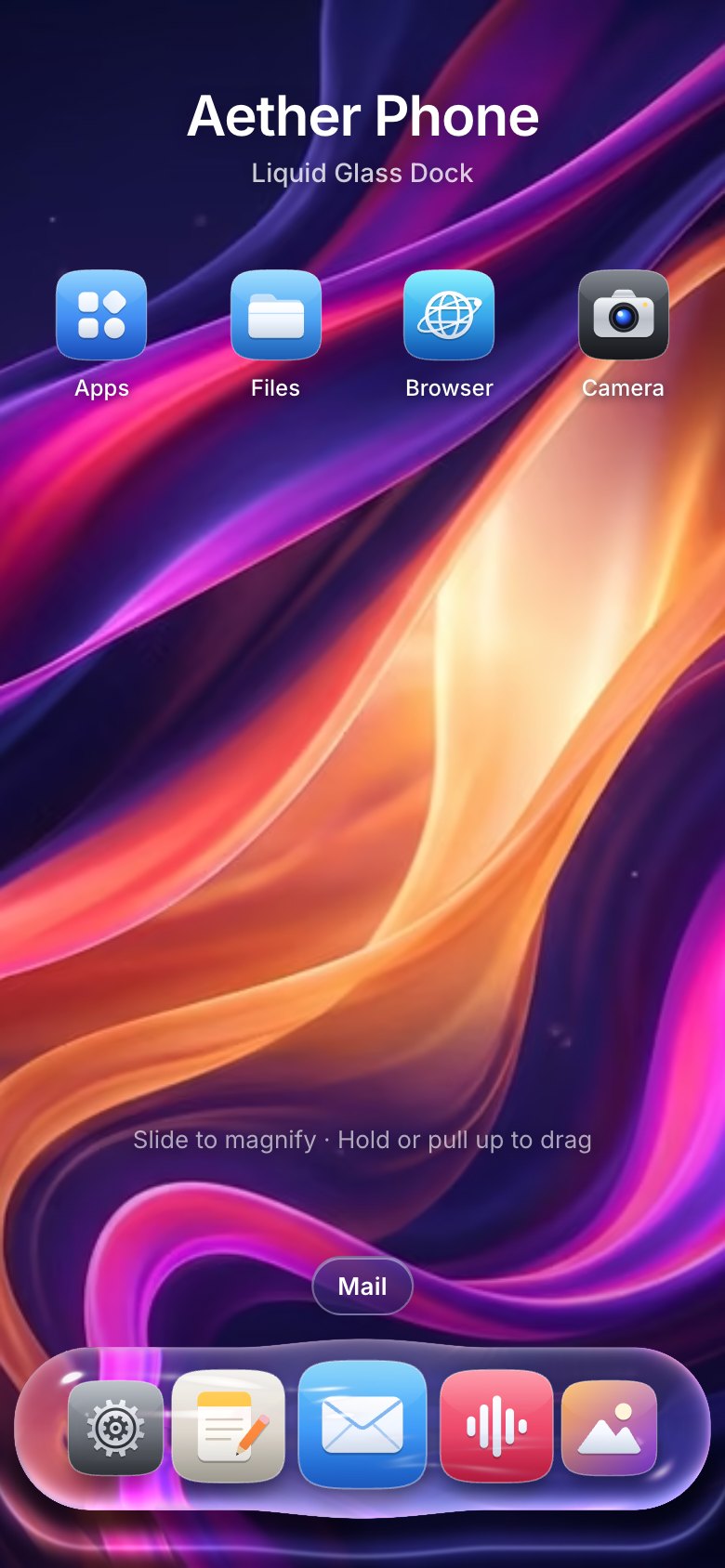 The dock on a phone: the Aether Phone home screen with Apps, Files, Browser and Camera, and a bottom glass dock of five with a finger on Mail, the lens swelling under it.