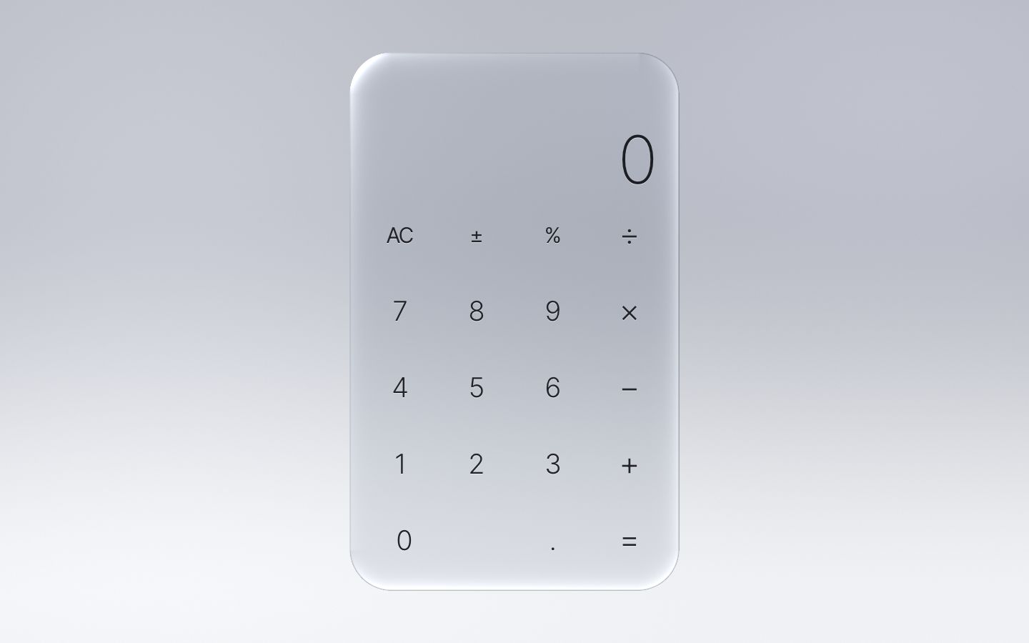 A clear glass slab over a grey studio gradient; the display reads 0 and the keys are plain labels on the glass.