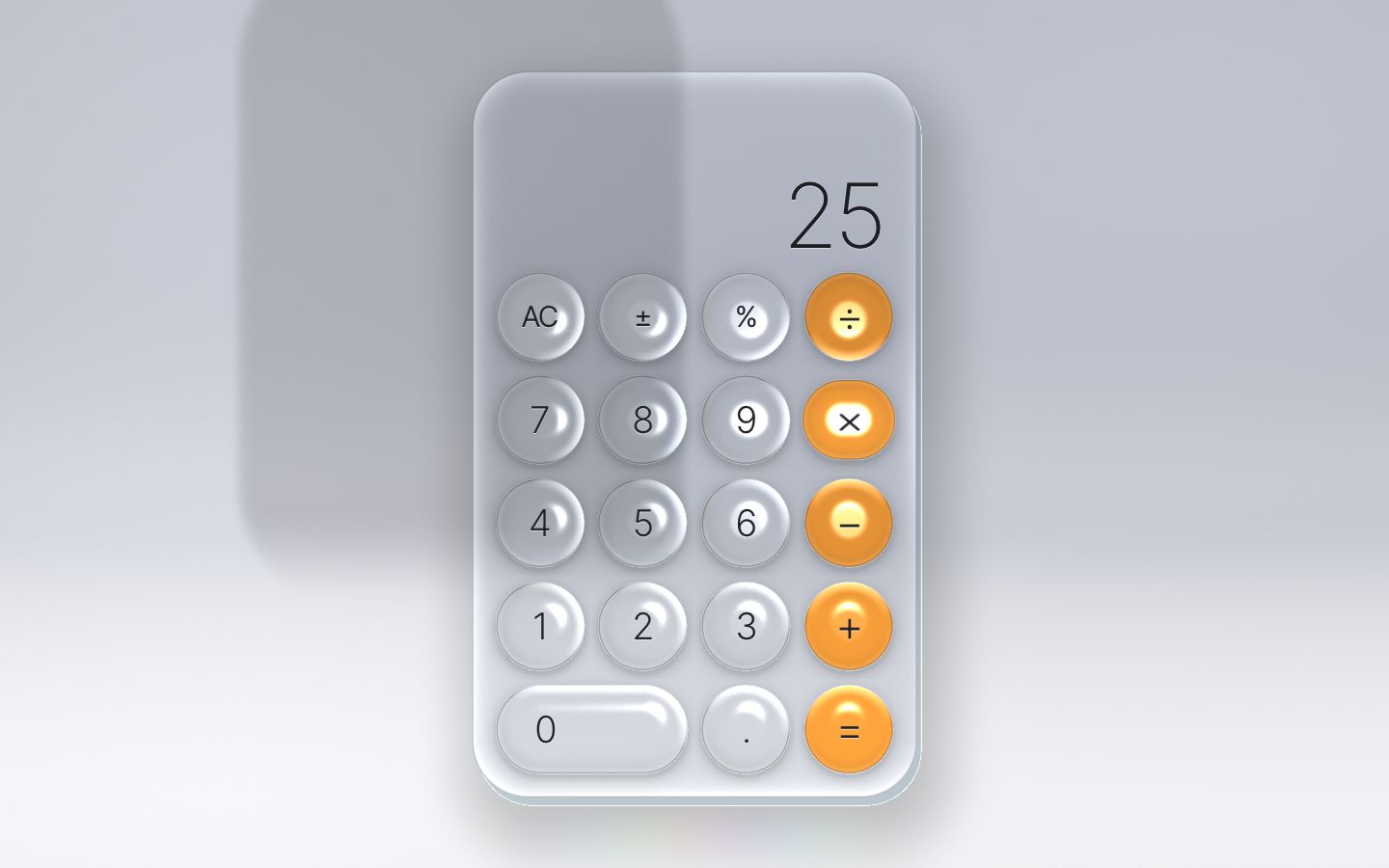 The glass calculator with real lens keys; the × lens is held down and lit; the display reads 25.