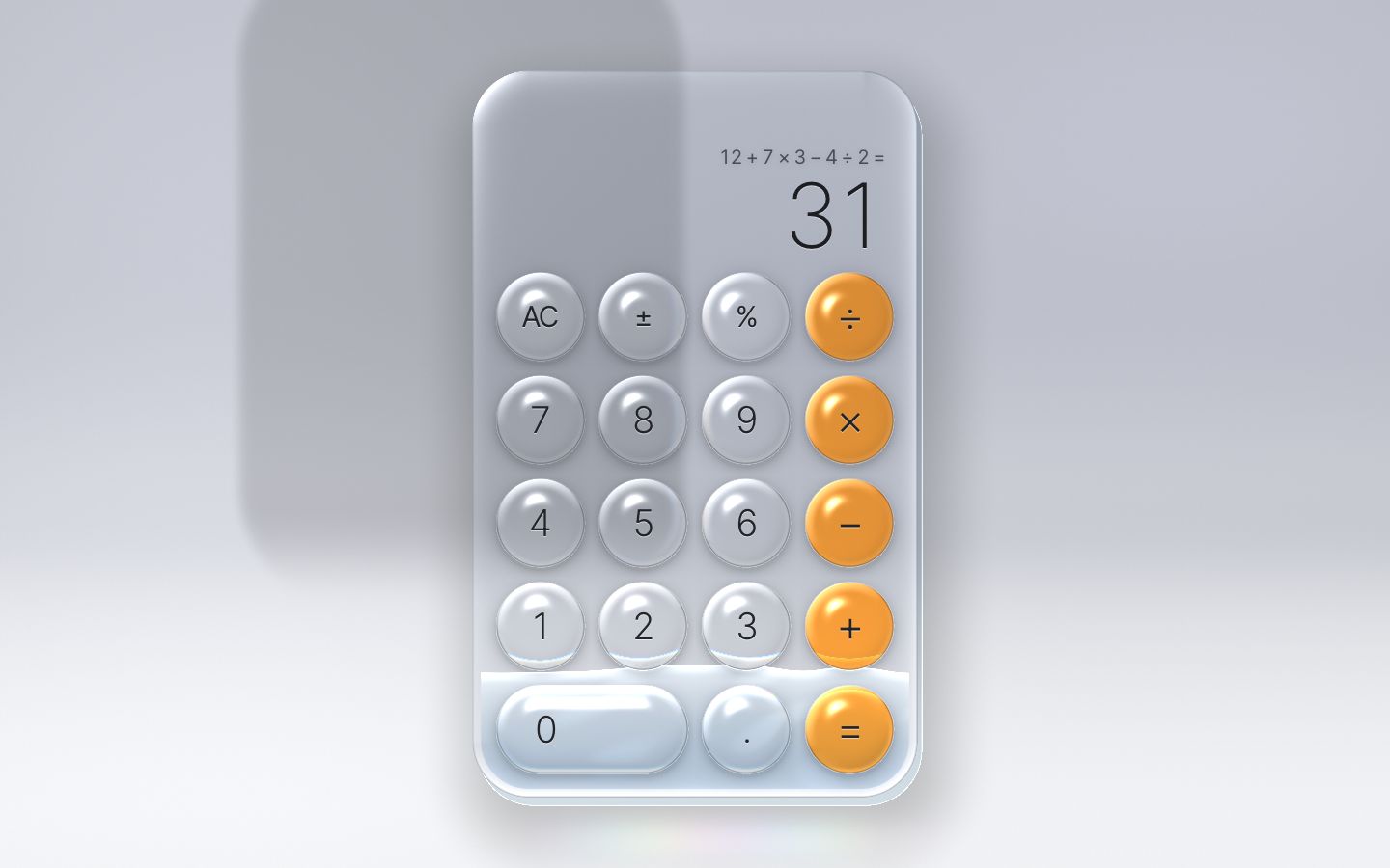 The calculator showing 12 + 7 × 3 − 4 ÷ 2 = above the answer 31; the liquid fills the bottom row.