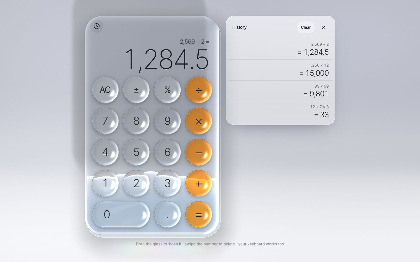The calculator showing 1,284.5 with the history tape docked to its right: four past sums.
