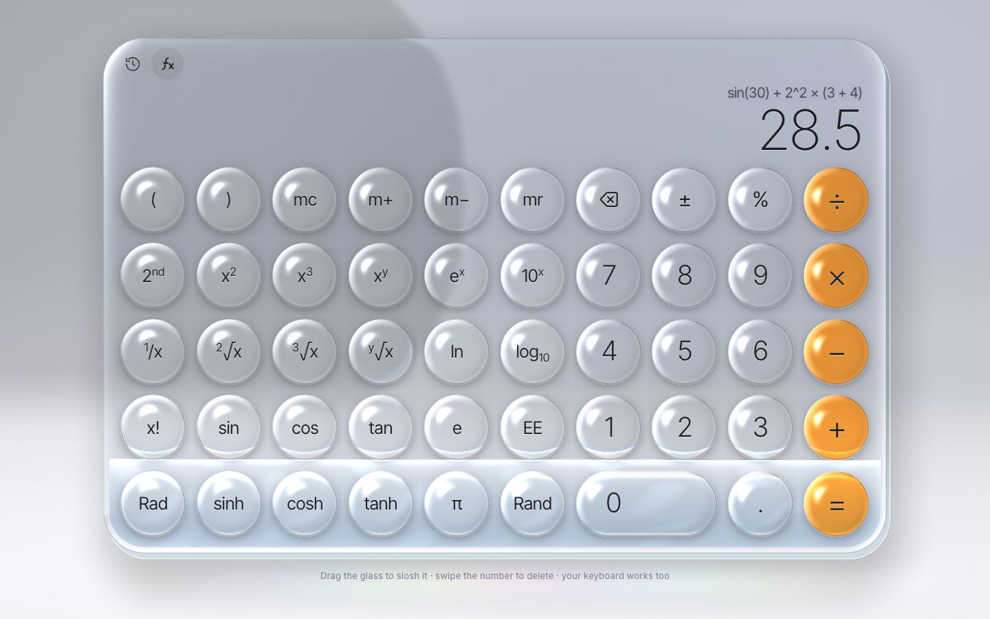 The glass grown into a wide scientific calculator with 49 lens keys, showing sin(30) + 2^2 × (3 + 4) = 28.5.