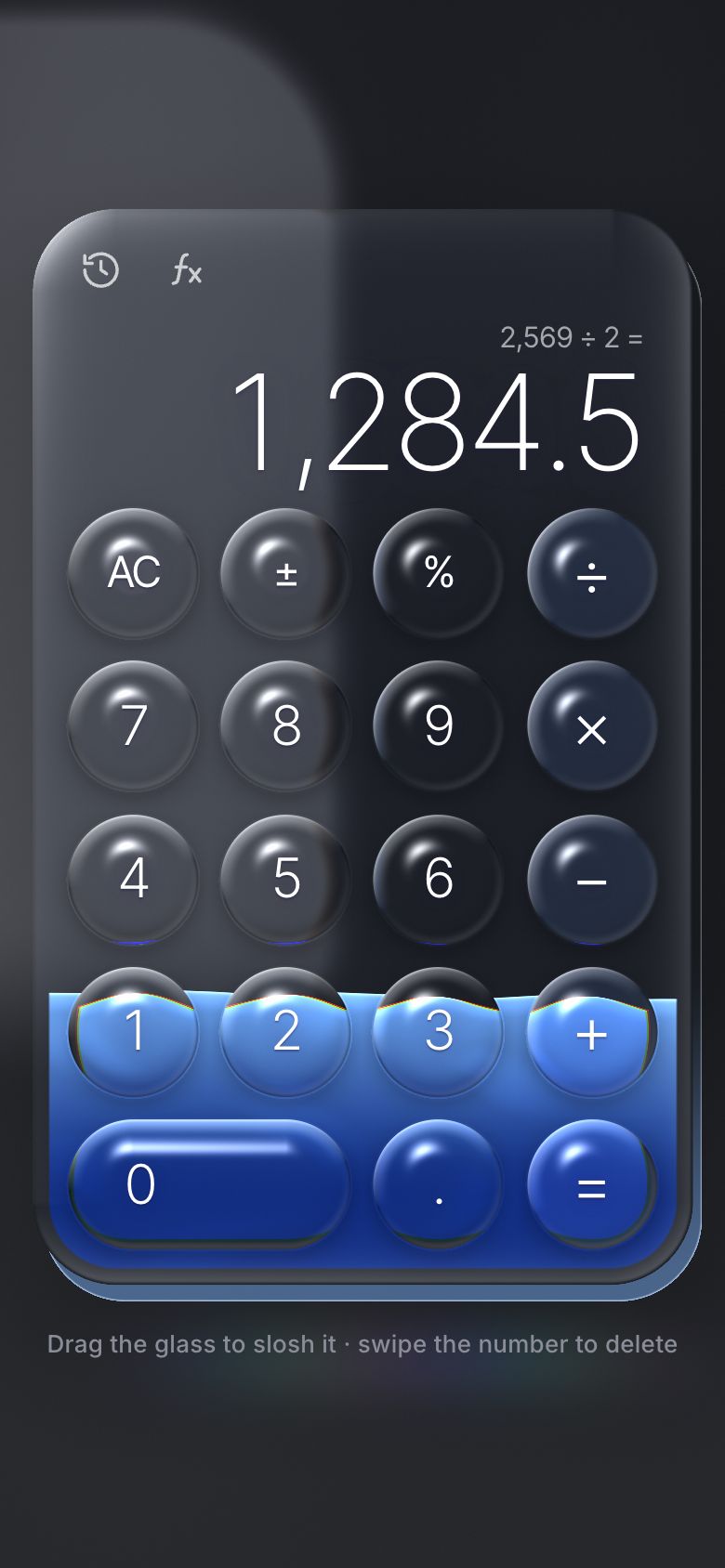 The finished calculator on a phone in the graphite tone: a dark studio, the glass with blue liquid, showing 2,569 ÷ 2 = 1,284.5.