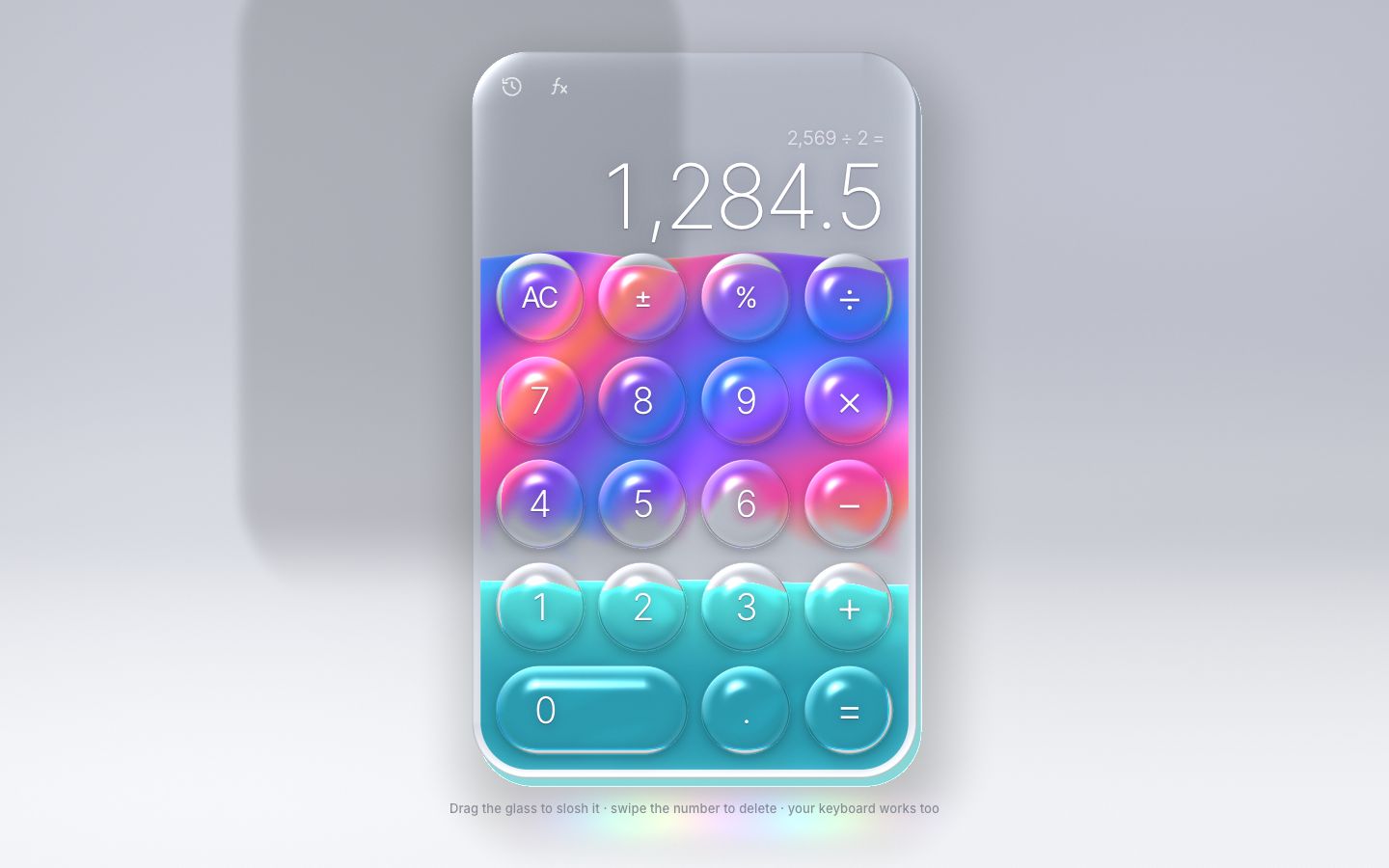 The finished calculator in the prism tone: a violet, magenta and blue ribbon of colour fills the glass above a teal liquid.