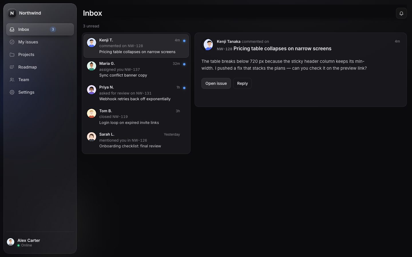 The Northwind app in Graphite: a smoked-glass sidebar with Inbox, My issues, Projects, Roadmap, Team and Settings, Inbox highlighted by a plain pill, and the inbox view beside it.