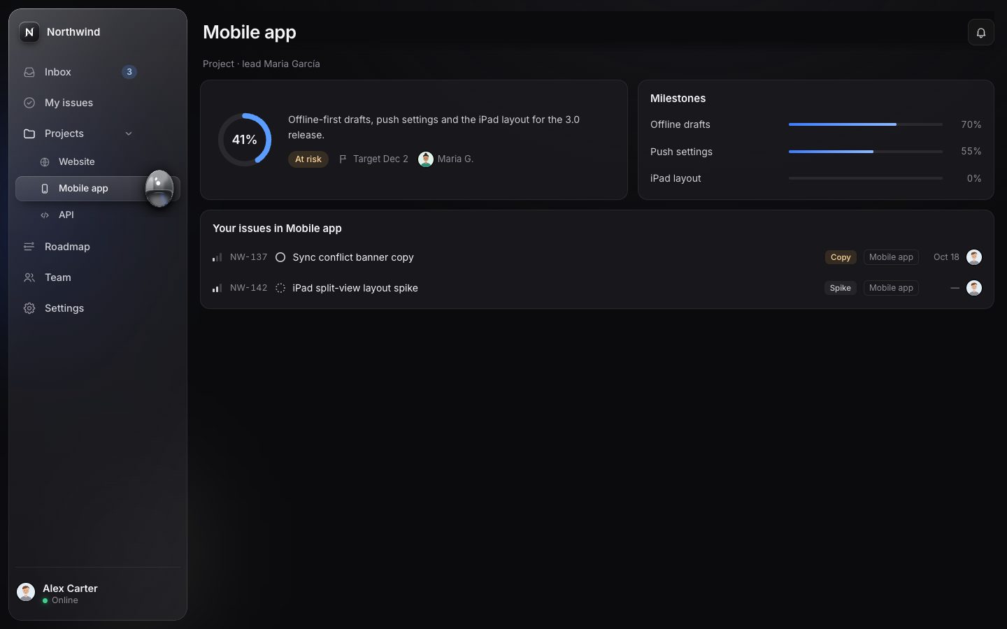 Projects expanded into Website, Mobile app and API; the drop sits on Mobile app and the project page shows its progress ring and milestones.
