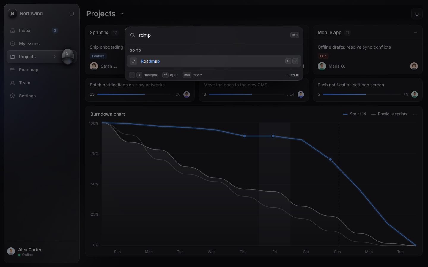 The command palette over the dimmed app: 