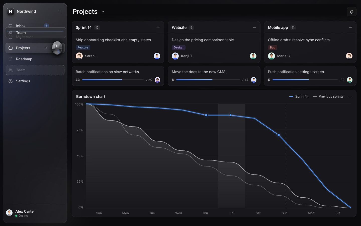 A drag in progress: a ghost of the Team row lifted over the list, its place a dashed outline, and a blue drop line between Inbox and My issues.