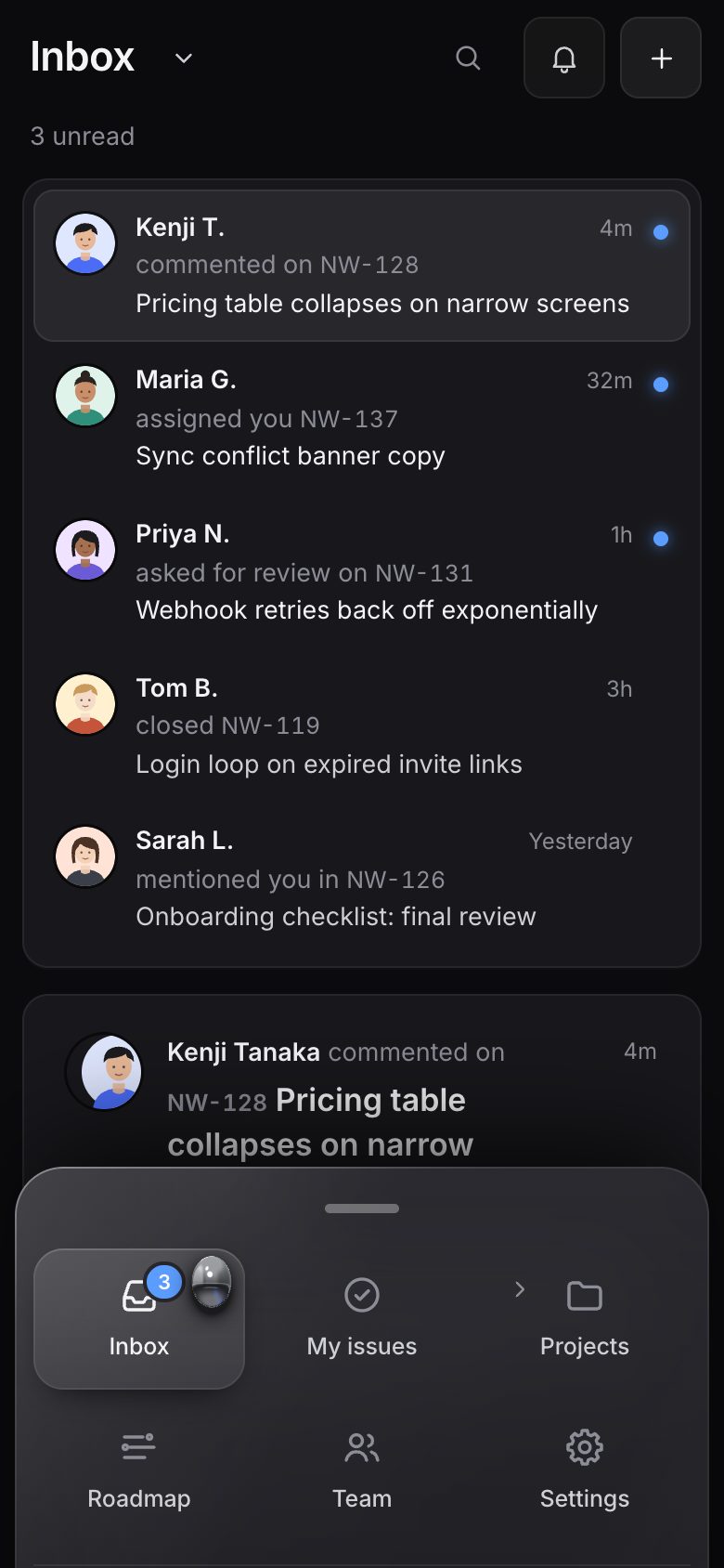 Graphite on a phone: the inbox fills the screen and the navigation is a smoked-glass bottom sheet of six tiles, the drop in the Inbox tile's corner beside its badge.