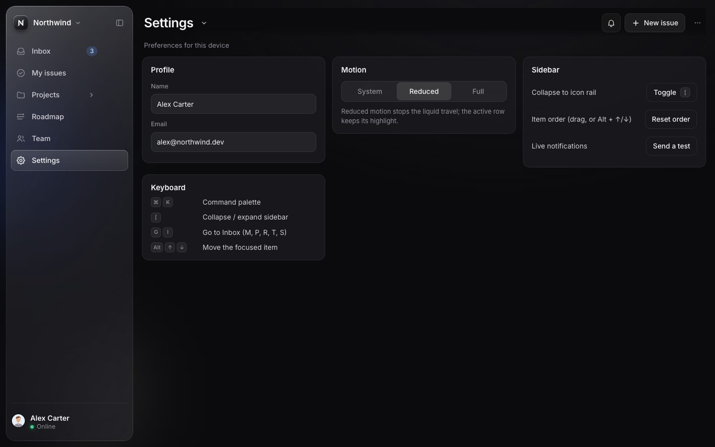 Graphite's Settings with Motion set to Reduced: no drop, the Settings row keeps a pill with a stronger outline.