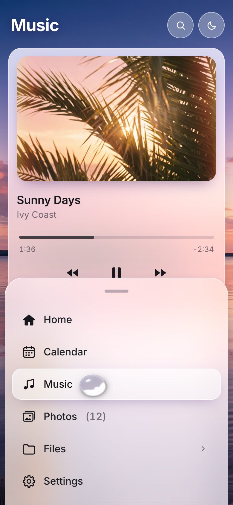 Daylight on a phone: the music player over the lake photo and a frosted bottom sheet listing Home, Calendar, Music, Photos, Files and Settings, a water drop just after Music.