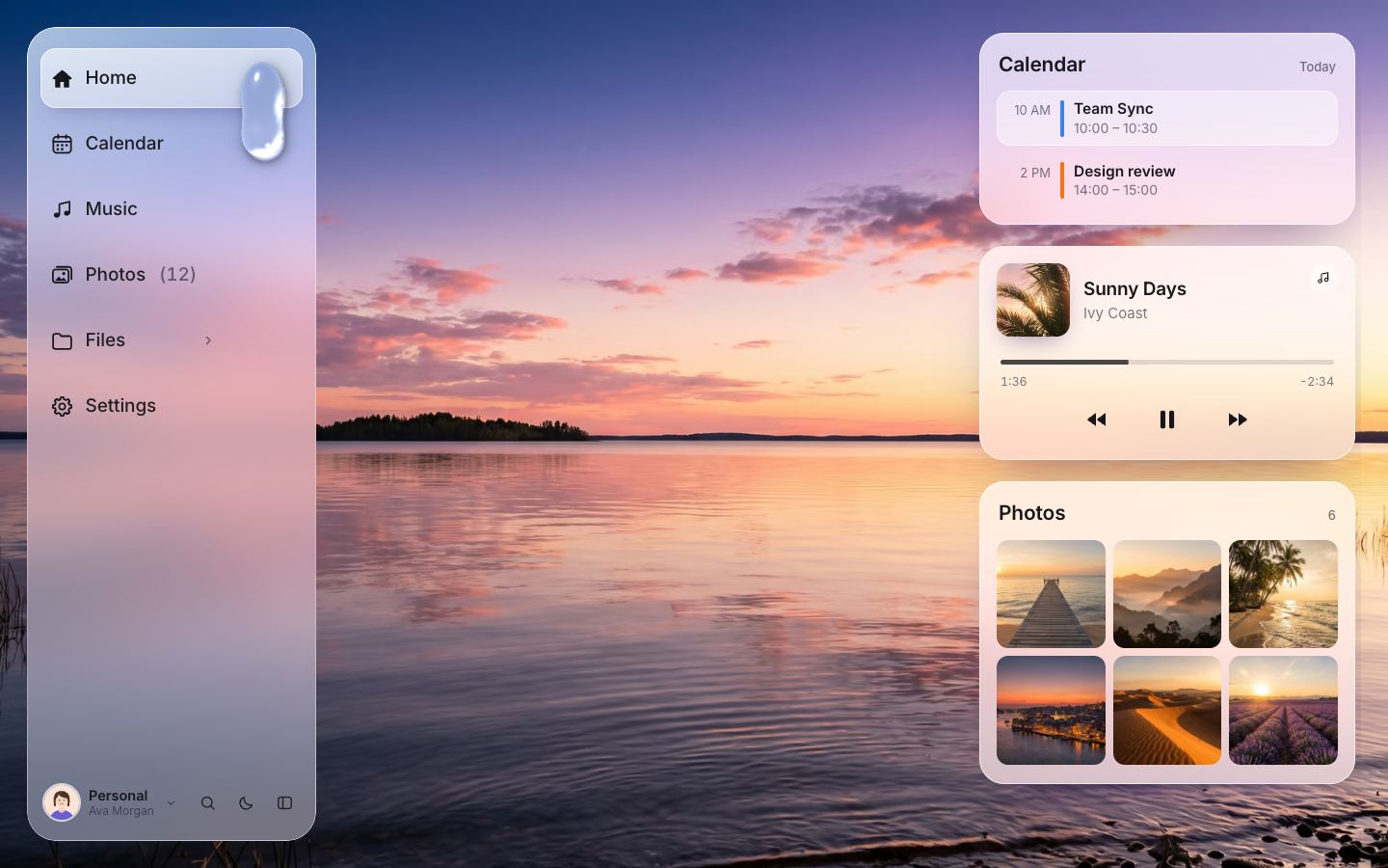 Daylight: a frosted-glass sidebar over a photo of a sunset lake, the water drop between Calendar and Home showing the lake through its lens, and glass cards with the calendar, the music player and photos.