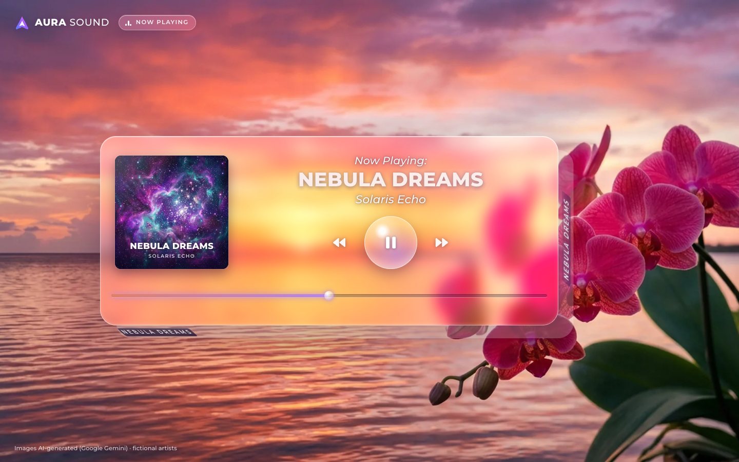 The AURA SOUND player over an orchid sunset photo: a frosted glass card with the Nebula Dreams album cover, the title, the controls and a plain progress bar, its thickness drawn as a pale offset edge.