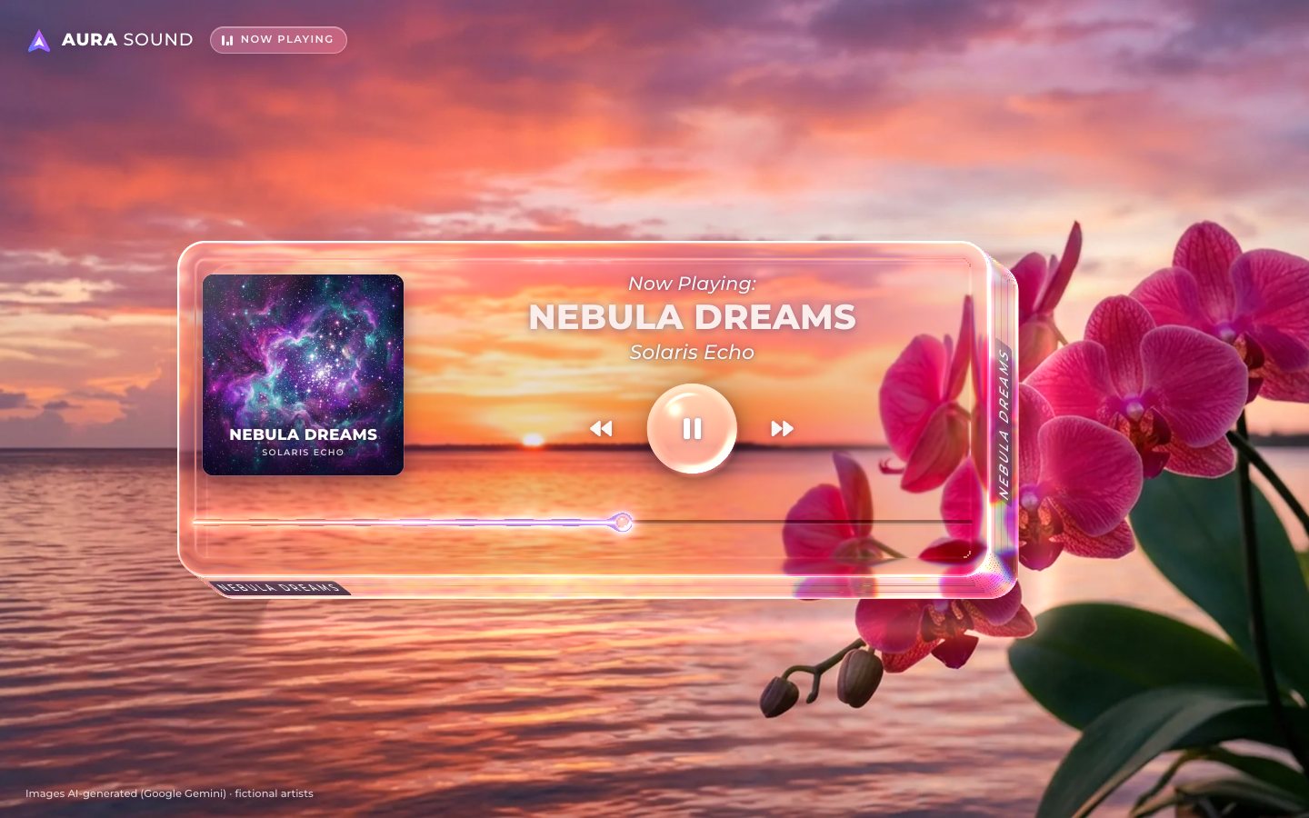 The same player as thick clear glass: the orchids bend and magnify through its right end, its walls glow with prism colours, the play button is a frosted glass puck and the progress bar a glowing violet thread.