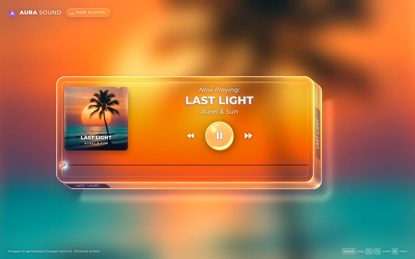 The player on Last Light: the wallpaper is now a warm orange and teal blur of the palm-tree cover, and the glass, the play button and the thread carry its colours.