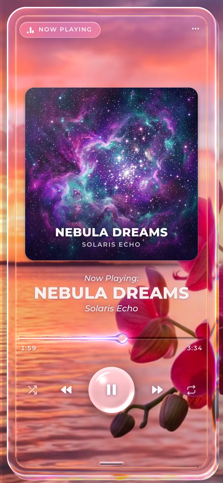 The player on a phone: a full-height glass sheet over the orchid sunset, the large Nebula Dreams cover, the title, the liquid thread with its times, and shuffle, previous, the glass play button, next and repeat.