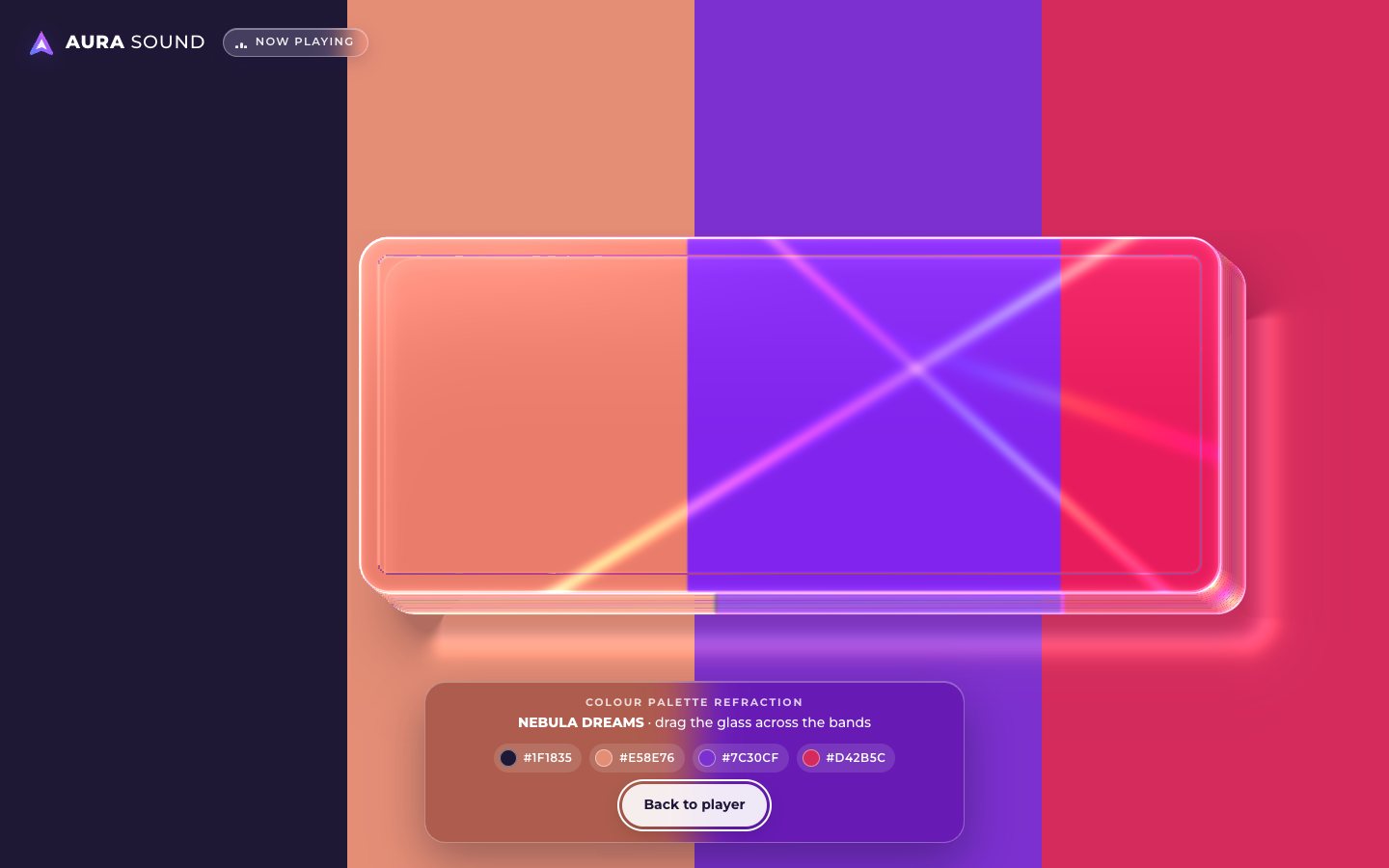 The palette view: four vertical colour bands from the Nebula Dreams cover, dark navy, coral, violet and crimson, seen through the empty glass slab with light streaks inside it, and a caption with the four hex values and a Back to player button.