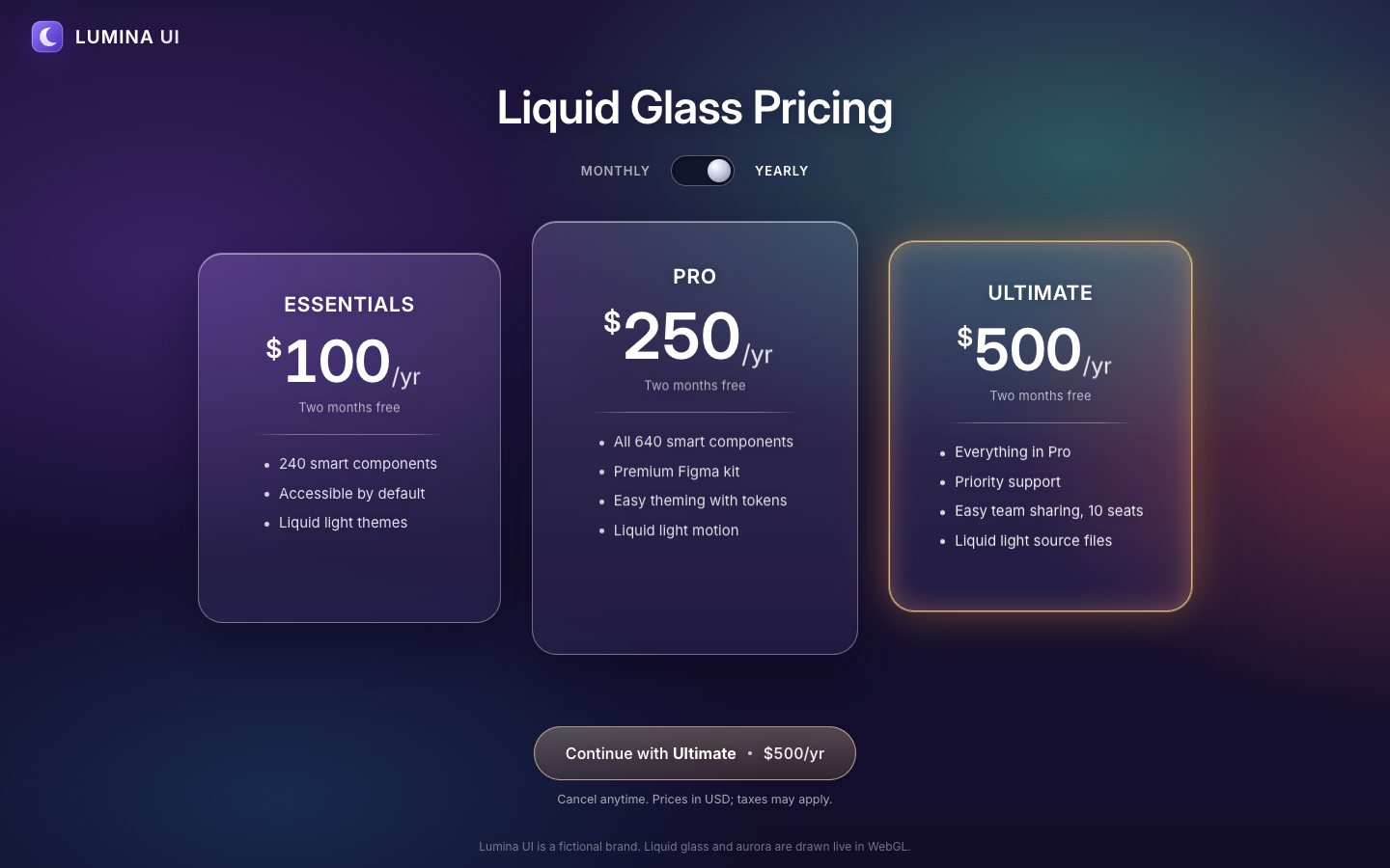 The CSS frosted cards on yearly billing with Ultimate chosen: Essentials $100/yr, Pro $250/yr, Ultimate $500/yr with a warm edge, and Continue with Ultimate, $500/yr.
