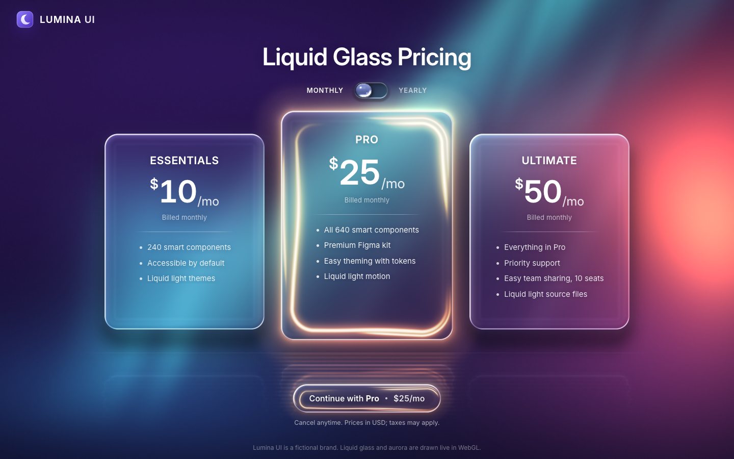 The WebGL glass: three thick clear cards over a teal and coral aurora, the Pro card lifted with gold, amber and rose light inside its rim, its reflection on a glossy floor, and the glass pill in the switch.