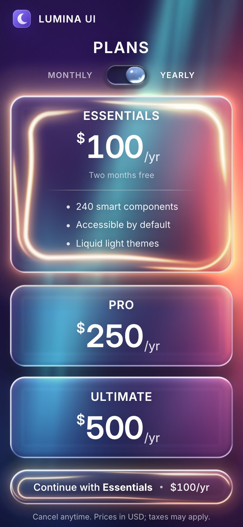 The section on a phone: PLANS, the switch on yearly, the cards stacked, and Essentials open at $100 a year with the gold light inside its rim.