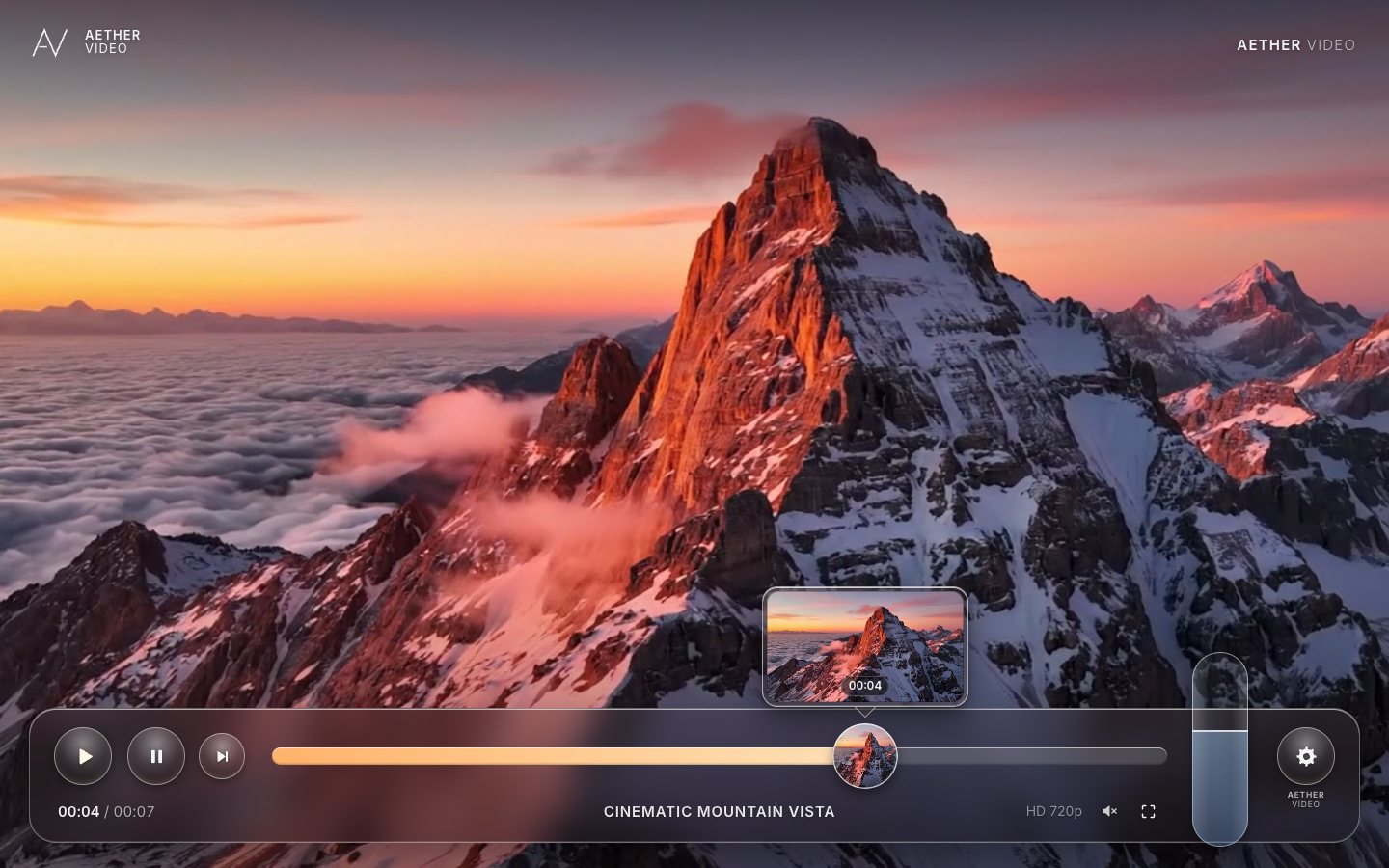A mountain film at sunset fills the page; over its lower edge a frosted bar with play, pause and next buttons, a rod with an amber played part, a small lens bead with a frame preview card above it, a glass volume tube and a gear.