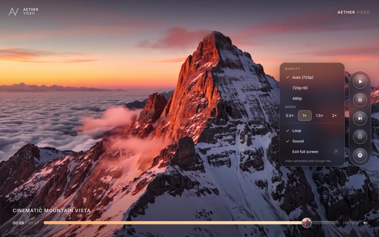 Full screen: the controls have become a vertical glass rail on the right, the settings menu open beside it with quality, speed, loop and sound, and a slim scrubber thread along the bottom.