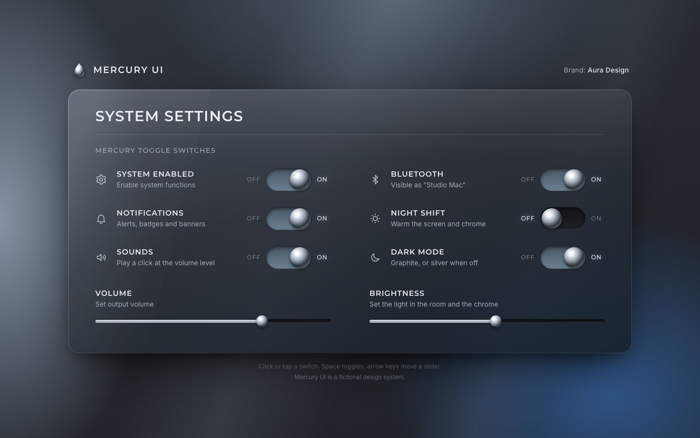 The Mercury UI system settings panel in graphite glass: six switch rows in two columns with CSS chrome beads, Night shift off, and Volume and Brightness sliders with chrome thumbs.