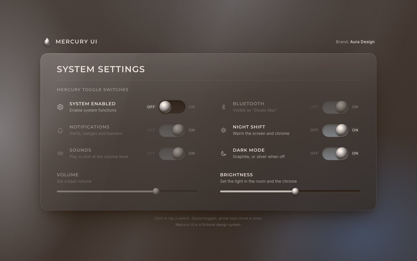 The panel with System enabled switched off, so Notifications, Sounds, Bluetooth and Volume are dimmed, and Night shift on, which lays a warm amber veil over the whole page.
